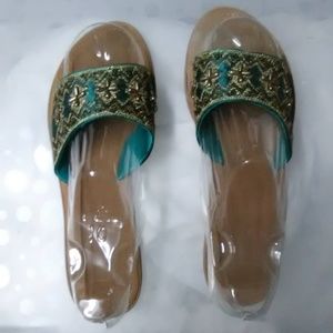 Bollywood colorful Teal Green leather Sandal Slipon Beaded Embellished embroided
